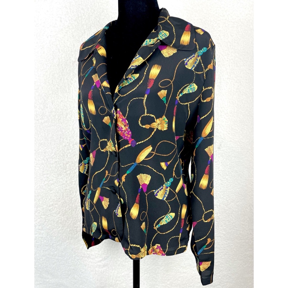 (VTG) CHRISTIE & JILL • Black Tassel Print Long Sleeve Blouse, 8 - Picture 8 of 15